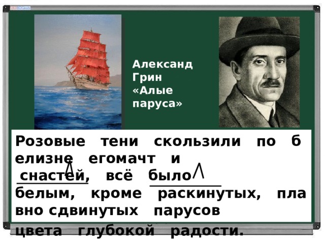 Александ Грин «Алые паруса» Розовые   тени   скользили   по   белизне   егомачт   и  снастей,   всё   было  белым,   кроме   раскинутых,   плавно сдвинутых   парусов     цвета   глубокой   радости.  
