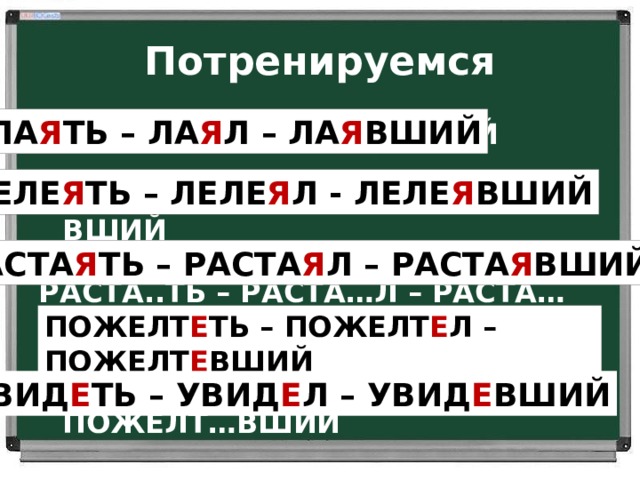 Потренируемся ЛА Я ТЬ – ЛА Я Л – ЛА Я ВШИЙ ЛА…ТЬ – ЛА…Л – ЛА…ВШИЙ  ЛЕЛЕ…ТЬ – ЛЕЛЕ…Л - ЛЕЛЕ…ВШИЙ  РАСТА..ТЬ – РАСТА…Л – РАСТА…ВШИЙ  ПОЖЕЛТ…ТЬ – ПОЖЕЛТ…Л – ПОЖЕЛТ…ВШИЙ  УВИД…ТЬ – УВИД…Л – УВИД…ВШИЙ   ЛЕЛЕ Я ТЬ – ЛЕЛЕ Я Л - ЛЕЛЕ Я ВШИЙ РАСТА Я ТЬ – РАСТА Я Л – РАСТА Я ВШИЙ ПОЖЕЛТ Е ТЬ – ПОЖЕЛТ Е Л – ПОЖЕЛТ Е ВШИЙ УВИД Е ТЬ – УВИД Е Л – УВИД Е ВШИЙ 