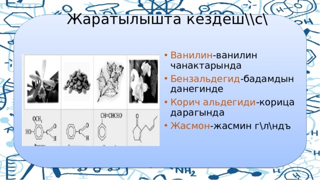  Жаратылышта кездеш\\с\   Ванилин -ванилин чанактарында Бензальдегид -бадамдын данегинде Корич альдегиди -корица дарагында Жасмон -жасмин г\л\ндъ 