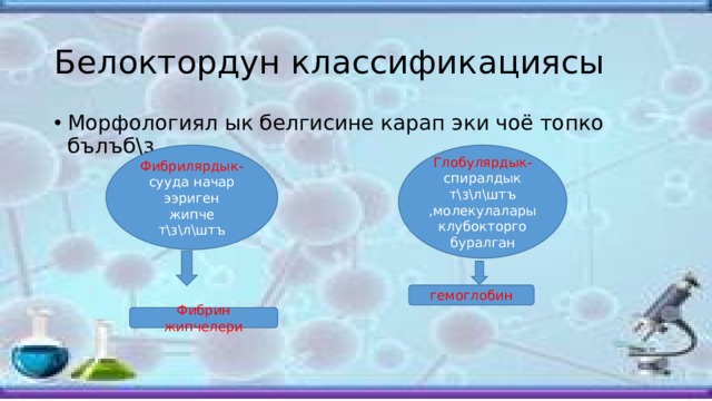 Белоктордун классификациясы Морфологиял  ык белгисине карап эки чоё топко бълъб\з Фибрилярдык- сууда начар ээриген Глобулярдык- спиралдык т\з\л\штъ ,молекулалары клубокторго буралган жипче т\з\л\штъ гемоглобин Фибрин жипчелери 