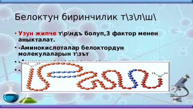Белоктун биринчилик т\з\л\ш\ Узун жипче т\р\ндъ болуп,3 фактор менен аныкталат. -Аминокислоталар белоктордун молекулаларын т\зът -Аминокислоталардын саны -Аминокислоталардын кезеги 