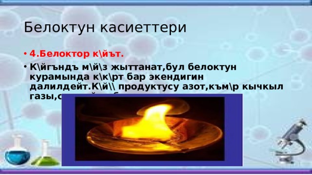 Белоктун касиеттери 4.Белоктор к\йът . К\йгъндъ м\й\з жыттанат,бул белоктун курамында к\к\рт бар экендигин далилдейт.К\й\\ продуктусу азот,към\р кычкыл газы,суу пайда болот. 