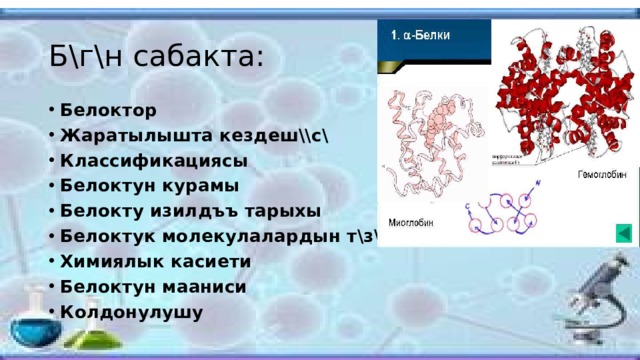 Б\г\н сабакта: Белоктор Жаратылышта кездеш\\с\ Классификациясы Белоктун курамы Белокту изилдъъ тарыхы Белоктук молекулалардын т\з\л\ш\ Химиялык касиети Белоктун мааниси Колдонулушу 