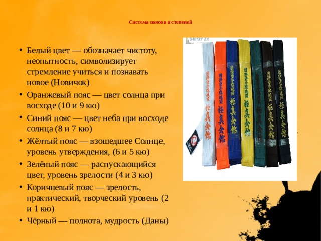  Система поясов и степеней   Белый цвет — обозначает чистоту, неопытность, символизирует стремление учиться и познавать новое (Новичок) Оранжевый пояс — цвет солнца при восходе (10 и 9 кю) Синий пояс — цвет неба при восходе солнца (8 и 7 кю) Жёлтый пояс — взошедшее Солнце, уровень утверждения, (6 и 5 кю) Зелёный пояс — распускающийся цвет, уровень зрелости (4 и 3 кю) Коричневый пояс — зрелость, практический, творческий уровень (2 и 1 кю) Чёрный — полнота, мудрость (Даны) 