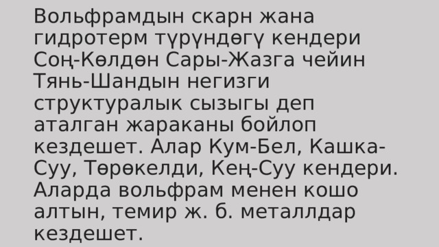 Вольфрамдын скарн жана гидротерм түрүндөгү кендери Соң-Көлдөн Сары-Жазга чейин Тянь-Шандын негизги структуралык сызыгы деп аталган жараканы бойлоп кездешет. Алар Кум-Бел, Кашка-Суу, Төрөкелди, Кең-Суу кендери. Аларда вольфрам менен кошо алтын, темир ж. б. металлдар кездешет.  