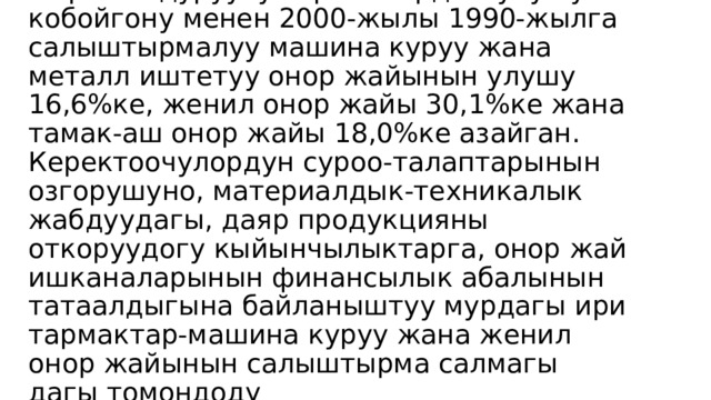 Сырье ондуруучу тармактардын улушу кобойгону менен 2000-жылы 1990-жылга салыштырмалуу машина куруу жана металл иштетуу онор жайынын улушу 16,6%ке, женил онор жайы 30,1%ке жана тамак-аш онор жайы 18,0%ке азайган.  Керектоочулордун суроо-талаптарынын озгорушуно, материалдык-техникалык жабдуудагы, даяр продукцияны откоруудогу кыйынчылыктарга, онор жай ишканаларынын финансылык абалынын татаалдыгына байланыштуу мурдагы ири тармактар-машина куруу жана женил онор жайынын салыштырма салмагы дагы томондоду 