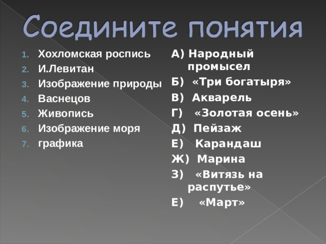 Хохломская роспись И.Левитан Изображение природы Васнецов Живопись Изображение моря графика  А) Народный промысел Б) «Три богатыря» В) Акварель Г) «Золотая осень» Д) Пейзаж Е) Карандаш Ж) Марина З) «Витязь на распутье» Е) «Март» 