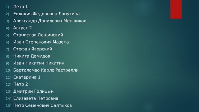 Пётр 1 Евдокия Фёдоровна Лопухина Александр Данилович Меншиков Август 2 Станислав Лещинский Иван Степанович Мазепа Стефан Яворский Никита Демидов Иван Никитич Никитин Бартоломео Карло Растрелли Екатерина 1 Пётр 2 Дмитрий Голицын Елизавета Петровна Пётр Семенович Салтыков 