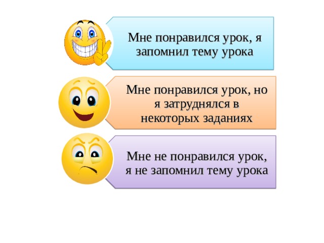 Мне понравился урок, я запомнил тему урока Мне понравился урок, но я затруднялся в некоторых заданиях Мне не понравился урок, я не запомнил тему урока 