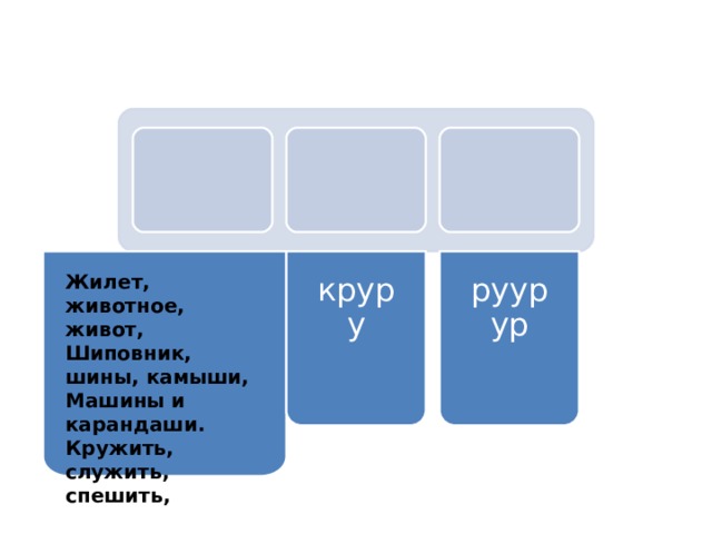 Жилет, животное, живот,   Шиповник, шины, камыши,   Машины и карандаши.   Кружить, служить, спешить, смешить    круру руурур 