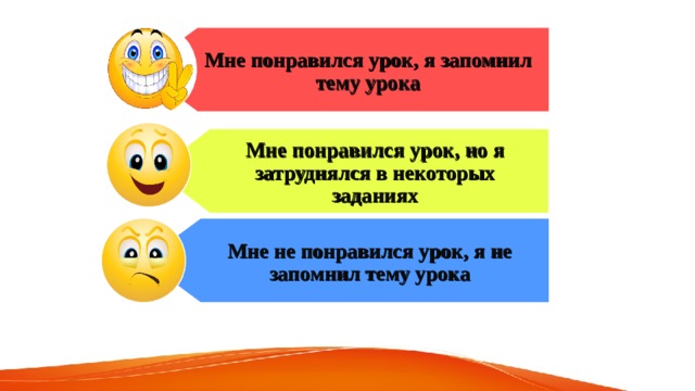 Мне понравился урок, я запомнил тему урока Мне понравился урок, но я затруднялся в некоторых заданиях Мне не понравился урок, я не запомнил тему урока 