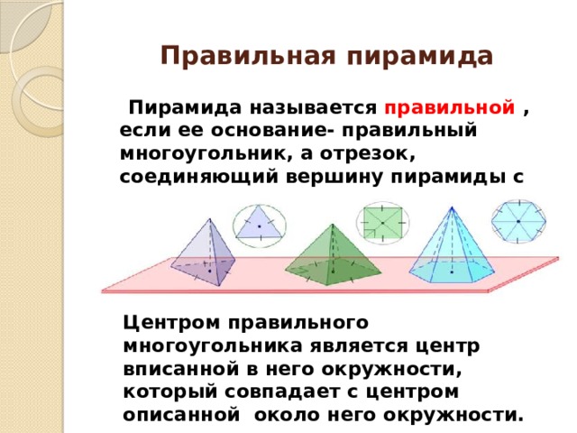 Правильная пирамида  Пирамида называется правильной , если ее основание- правильный многоугольник, а отрезок, соединяющий вершину пирамиды с центром основания, является ее высотой. Центром правильного многоугольника является центр вписанной в него окружности, который совпадает с центром описанной около него окружности. 