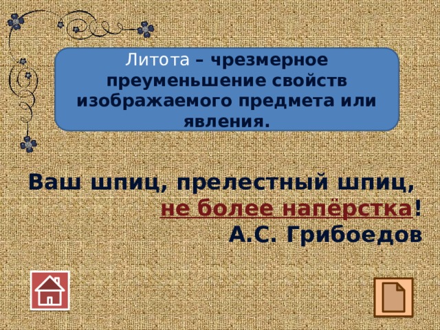Литота – чрезмерное преуменьшение свойств изображаемого предмета или явления. Ваш шпиц, прелестный шпиц, не более напёрстка ! А.С. Грибоедов 