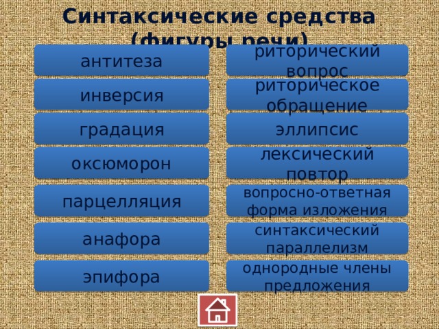 Синтаксические средства (фигуры речи) антитеза риторический вопрос инверсия риторическое обращение градация эллипсис оксюморон лексический повтор парцелляция вопросно-ответная форма изложения анафора синтаксический параллелизм эпифора однородные члены предложения 