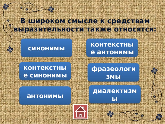 В широком смысле к средствам выразительности также относятся: синонимы контекстные антонимы контекстные синонимы фразеологизмы диалектизмы антонимы 
