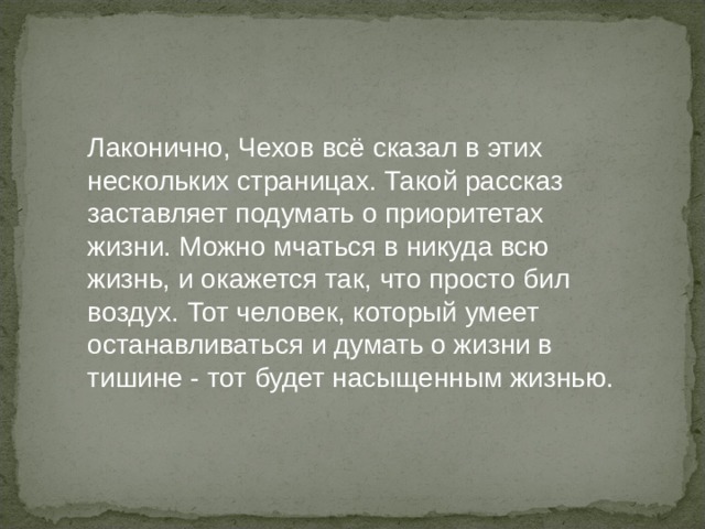 Лаконично, Чехов всё сказал в этих нескольких страницах. Такой рассказ заставляет подумать о приоритетах жизни. Можно мчаться в никуда всю жизнь, и окажется так, что просто бил воздух. Тот человек, который умеет останавливаться и думать о жизни в тишине - тот будет насыщенным жизнью.     