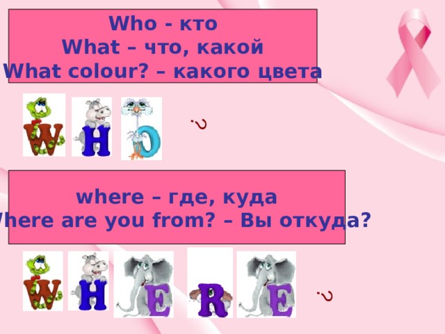 ? ? Who - кто What – что, какой What colour? – какого цвета where – где, куда Where are you from? – Вы откуда? 