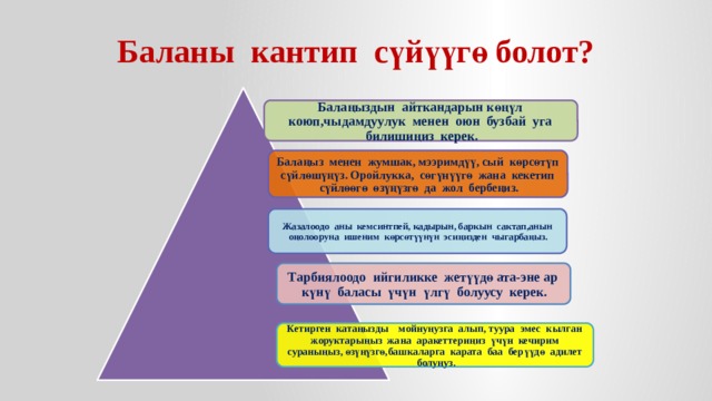 Баланы кантип сүйүүгө болот? Балаңыздын айткандарын көңүл коюп,чыдамдуулук менен оюн бузбай уга билишиңиз керек. Балаңыз менен жумшак, мээримдүү, сый көрсөтүп сүйлөшүңүз. Оройлукка, сөгүнүүгө жана кекетип сүйлөөгө өзүңүзгө да жол бербеңиз. Жазалоодо аны кемсинтпей, кадырын, баркын сактап,анын оңолооруна ишеним көрсөтүүнүн эсиңизден чыгарбаңыз. Тарбиялоодо ийгиликке жетүүдө ата-эне ар күнү баласы үчүн үлгү болуусу керек. Кетирген катаңызды мойнуңузга алып, туура эмес кылган жоруктарыңыз жана аракеттериңиз үчүн кечирим сураныңыз, өзүңүзгө,башкаларга карата баа берүүдө адилет болуңуз. 