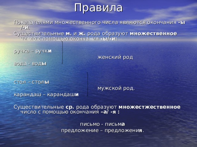 Правила Показателями множественного числа являются окончания -ы /-и . Существительные м. и ж. рода образуют множественное число с помощью окончания -ы/-и: ручка – ручк и   женский род вода - вод ы стол – стол ы  мужской род. карандаш – карандаш и Существительные ср. рода образуют множестжественное число с помощью окончания –а/ -я : письмо - письм а предложение – предложени я . 