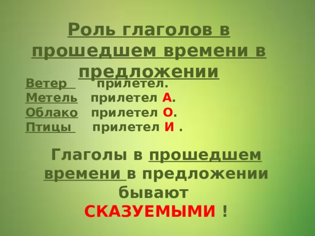 Роль глаголов в прошедшем времени в предложении  Ветер прилетел.   Метель прилетел А .   Облако прилетел О .   Птицы прилетел И .   Глаголы в прошедшем времени в предложении бывают  СКАЗУЕМЫМИ !  