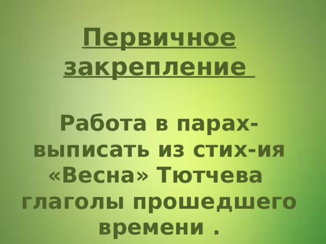 Первичное закрепление   Работа в парах-выписать из стих-ия «Весна» Тютчева глаголы прошедшего времени . 