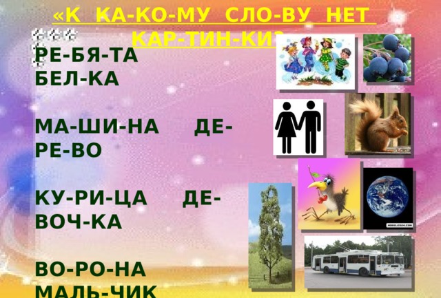 «К КА-КО-МУ СЛО-ВУ НЕТ КАР-ТИН-КИ?» РЕ-БЯ-ТА БЕЛ-КА  МА-ШИ-НА ДЕ-РЕ-ВО  КУ-РИ-ЦА ДЕ-ВОЧ-КА  ВО-РО-НА МАЛЬ-ЧИК  Я-ГО-ДЫ ПЛА-НЕ-ТА 