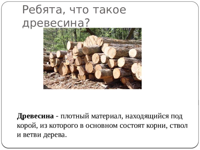 Ребята, что такое древесина? Древесина - плотный материал, находящийся под корой, из которого в основном состоят корни, ствол и ветви дерева. 