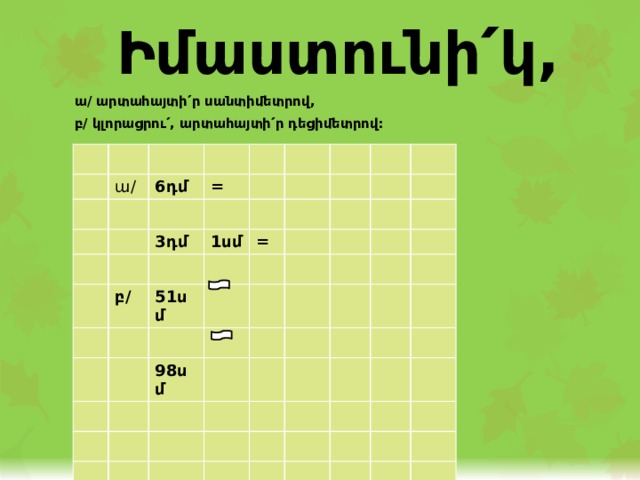  Իմաստունի՛կ, ա/ արտահայտի՛ր սանտիմետրով, բ/ կլորացրու՛, արտահայտի՛ր դեցիմետրով: ա/ 6դմ = 3դմ 1սմ բ/ = 51սմ 98սմ 