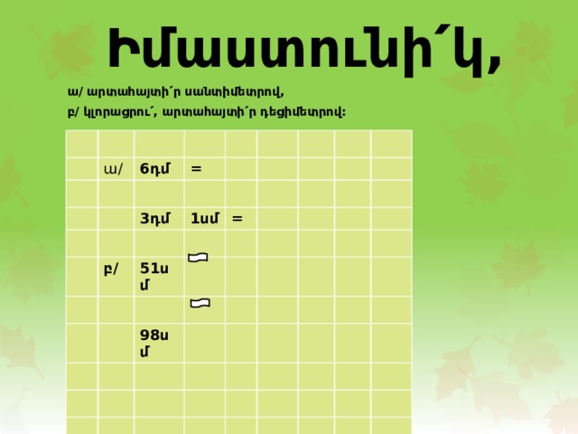  Իմաստունի՛կ, ա/ արտահայտի՛ր սանտիմետրով, բ/ կլորացրու՛, արտահայտի՛ր դեցիմետրով: ա/ 6դմ = 3դմ 1սմ բ/ = 51սմ 98սմ 
