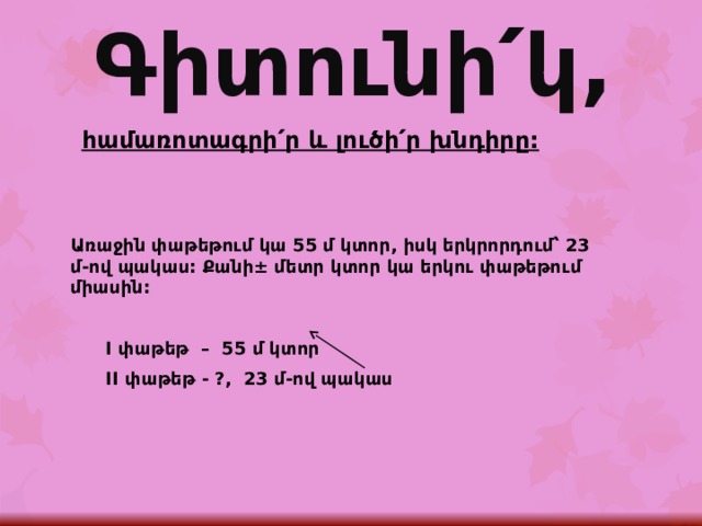 Գիտունի՛կ, հ ամառոտագրի՛ր և լուծի՛ր խնդիրը:  Առաջին փաթեթում կա 55 մ կտոր, իսկ երկրորդում՝ 23 մ-ով պակաս: Քանի± մետր կտոր կա երկու փաթեթում միասին:   I փաթեթ – 55 մ կտոր  II փաթեթ - ?, 23 մ-ով պակաս   