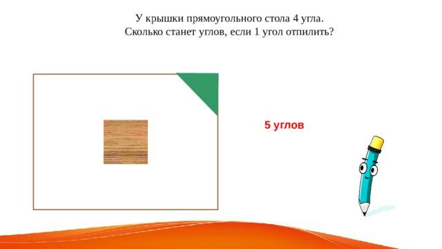 У крышки прямоугольного стола 4 угла. Сколько станет углов, если 1 угол отпилить? 5 углов 