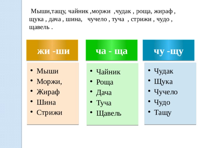   Мыши,тащу, чайник ,моржи  ,чудак , роща, жираф , щука , дача , шина,   чучело , туча  , стрижи , чудо , щавель .  жи -ши   ча - ща чу -щу Мыши Моржи, Жираф Шина Стрижи Мыши Моржи, Жираф Шина Стрижи Чудак Щука Чучело Чудо Тащу Чудак Щука Чучело Чудо Тащу Чайник Роща Дача Туча Щавель Чайник Роща Дача Туча Щавель 