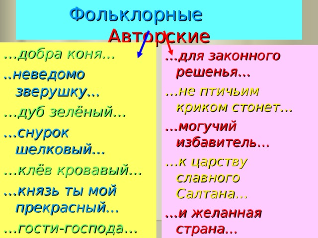 Фольклорные  Авторские … добра коня… ..неведомо зверушку... … дуб зелёный… … снурок шелковый… … клёв кровавый… … князь ты мой  прекрасный… … гости-господа… … для законного решенья… … не птичьим криком стонет… … могучий избавитель… … к царству славного Салтана… … и желанная страна… 