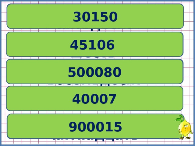 Тридцать тысяч сто пятьдесят 30150 Запиши число 45106 Сорок пять тысяч сто шесть Пятьсот тысяч восемьдесят 500080 40007 Сорок тысяч семь 900015 Девятьсот тысяч пятнадцать 