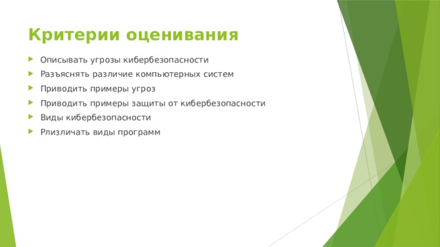 Критерии оценивания Описывать угрозы кибербезопасности Разъяснять различие компьютерных систем Приводить примеры угроз Приводить примеры защиты от кибербезопасности Виды кибербезопасности Рлизличать виды программ 