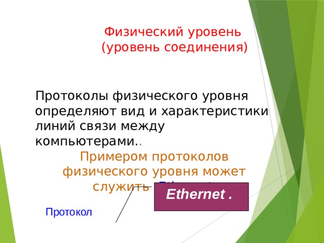 Физический уровень  (уровень соединения) Протоколы физического уровня определяют вид и характеристики линий связи между компьютерами. . Примером протоколов физического уровня может служить  Ethernet Ethernet .  Протокол 