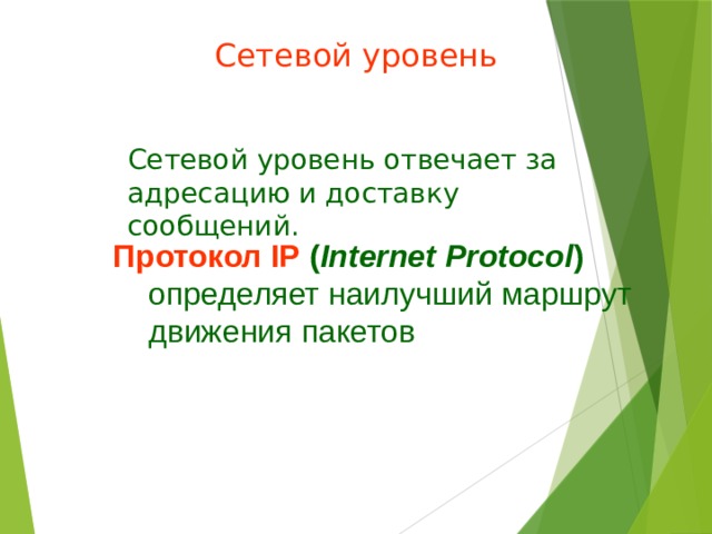 Сетевой уровень Сетевой уровень отвечает за адресацию и доставку сообщений. Протокол IP ( Internet Protocol ) определяет наилучший маршрут движения пакетов 