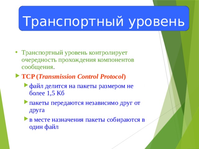 Транспортный уровень Транспортный уровень контролирует очередность прохождения компонентов сообщения . TCP ( Transmission Control Protocol ) файл делится на пакеты размером не более 1,5 Кб пакеты передаются независимо друг от друга в месте назначения пакеты собираются в один файл файл делится на пакеты размером не более 1,5 Кб пакеты передаются независимо друг от друга в месте назначения пакеты собираются в один файл 