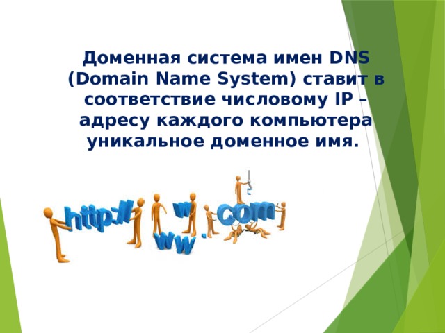 Доменная система имен DNS (Domain Name System) ставит в соответствие числовому IP – адресу каждого компьютера уникальное доменное имя.   