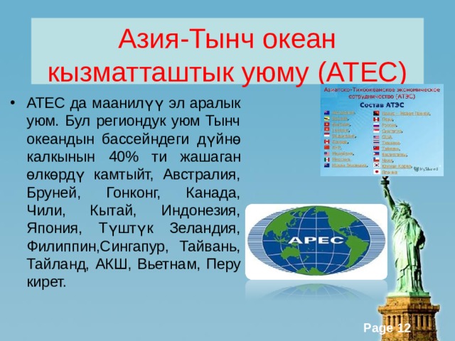 Азия-Тынч океан кызматташтык уюму (АТЕС) АТЕС да маанилүү эл аралык уюм. Бул региондук уюм Тынч океандын бассейндеги дүйнө калкынын 40% ти жашаган өлкөрдү камтыйт, Австралия, Бруней, Гонконг, Канада, Чили, Кытай, Индонезия, Япония, Түштүк Зеландия, Филиппин,Сингапур, Тайвань, Тайланд, АКШ, Вьетнам, Перу кирет. 