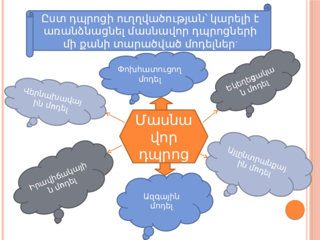 Վերնախավային մոդել Եկեղեցական մոդել Իրավիճակային մոդել Այլընտրանքային մոդել Ըստ դպրոցի ուղղվածության՝ կարելի է առանձնացնել մասնավոր դպրոցների մի քանի տարածված մոդելներ ՝ Փոխհատուցող մոդել Մասնավոր դպրոց Ազգային մոդել 