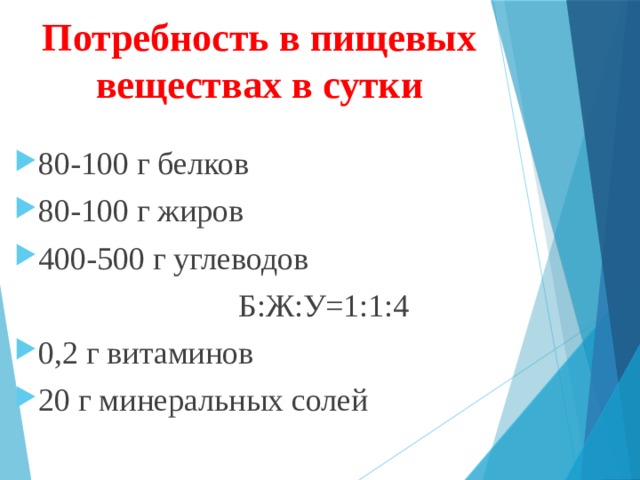 Потребность в пищевых веществах в сутки 80-100 г белков 80-100 г жиров 400-500 г углеводов Б:Ж:У=1:1:4 0,2 г витаминов 20 г минеральных солей 