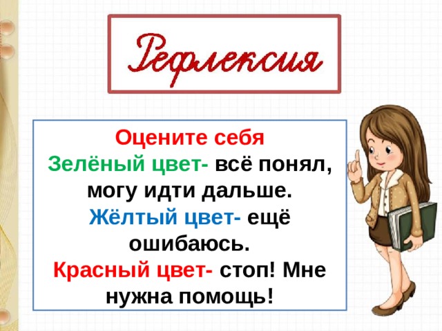 Оцените себя Зелёный цвет- всё понял, могу идти дальше. Жёлтый цвет- ещё ошибаюсь. Красный цвет- стоп! Мне нужна помощь! 