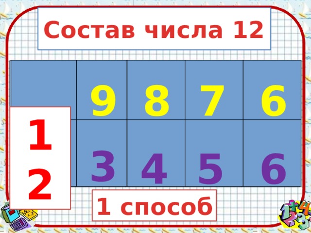Состав числа 12 9 8 7 6 12 3 4 5 6 1 способ 