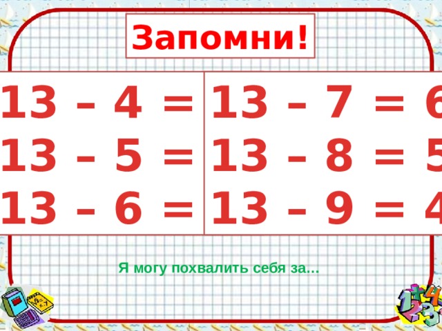 Запомни!  13 – 4 = 9 13 – 7 = 6 13 – 5 = 8 13 – 8 = 5 13 – 6 = 7 13 – 9 = 4 Я могу похвалить себя за… 