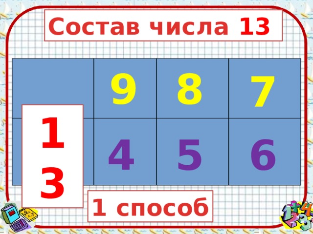 Состав числа 13 9 8 7 13 4 5 6 1 способ 