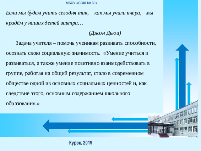 Если мы будем учить сегодня так, как мы учили вчера, мы крадём у наших детей завтра…  (Джон Дьюи)   Задача учителя – помочь ученикам развивать способности, осознать свою социальную значимость. «Умение учиться и развиваться, а также умение позитивно взаимодействовать в группе, работая на общий результат, стало в современном обществе одной из основных социальных ценностей и, как следствие этого, основным содержанием школьного образования.» 