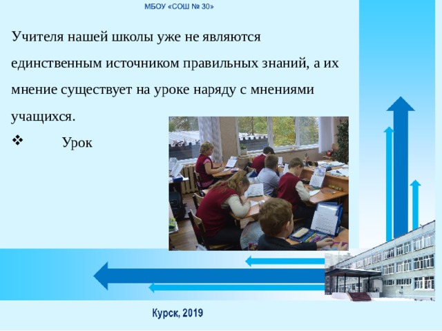 Учителя нашей школы уже не являются единственным источником правильных знаний, а их мнение существует на уроке наряду с мнениями учащихся.  Урок 
