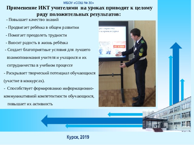  Применение ИКТ учителями на уроках приводит к целому ряду положительных результатов:  - Повышает качество знаний  - Продвигает ребёнка в общем развитии  - Помогает преодолеть трудности  - Вносит радость в жизнь ребёнка  - Создает благоприятные условия для лучшего  взаимопонимания учителя и учащихся и их  сотрудничества в учебном процессе - Раскрывает творческий потенциал обучающихся (участие в конкурсах). - Способствует формированию информационно- коммуникативной компетентности обучающихся, повышает их активность 