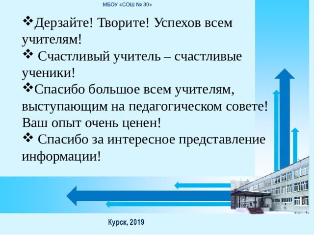 Дерзайте! Творите! Успехов всем учителям!  Счастливый учитель – счастливые ученики! Спасибо большое всем учителям, выступающим на педагогическом совете! Ваш опыт очень ценен!  Спасибо за интересное представление информации! 
